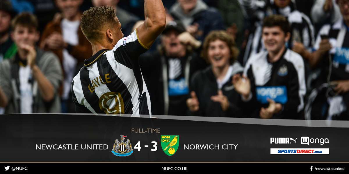 NUFC's tweet photo. FULL TIME Newcastle United 4-3 Norwich City - What a sensational comeback!!! #NUFC https://t.co/pcA8ts8ObF