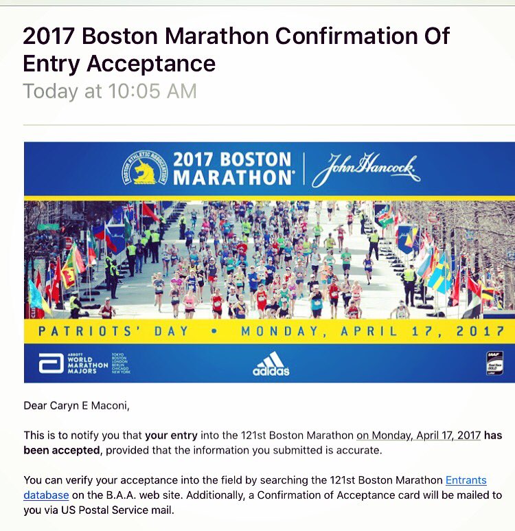 cmaconi's tweet photo. It's official - #qualified and accepted into @bostonmarathon 2017! 👊🏼#bostonbound #bostonmarathon #🏃🏽‍♀️🏃🏽‍♀️🏃🏽‍♀️ https://t.co/Sn2Hellz09