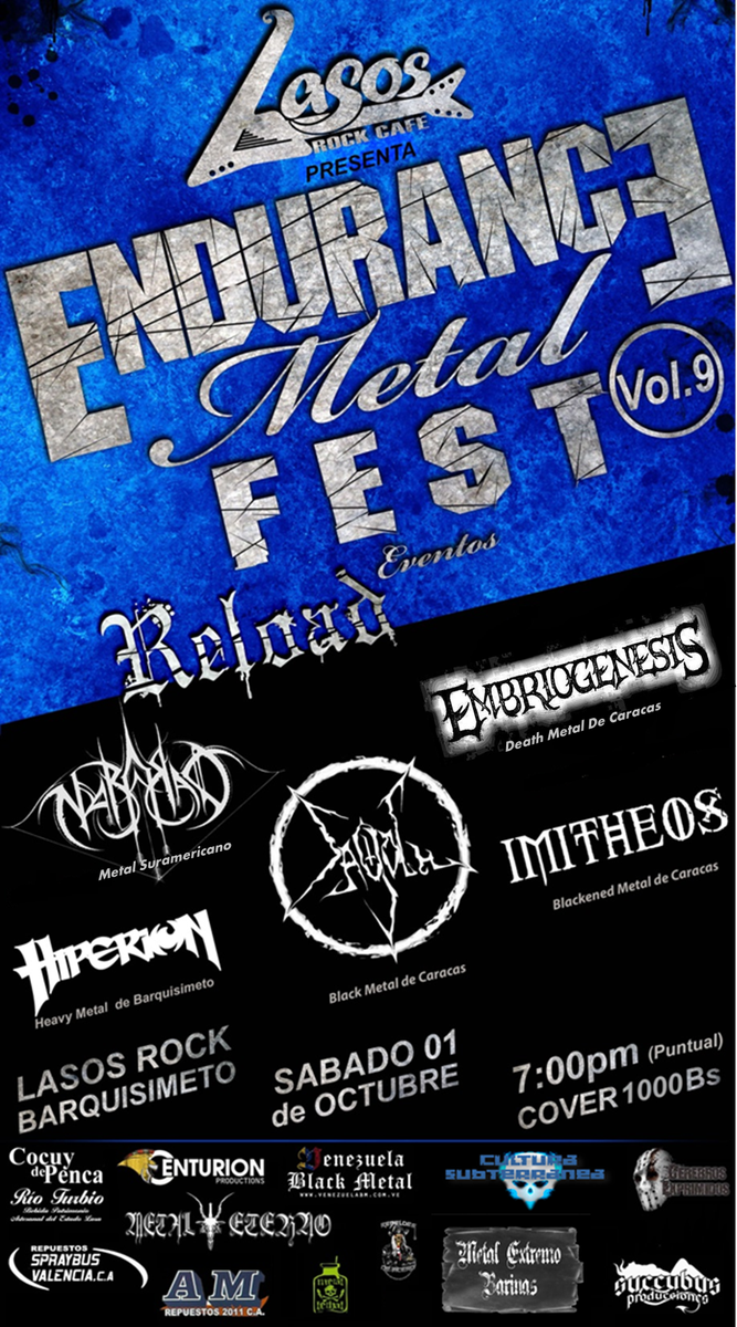 #1Oct #EnduranceMetalFest9 en <a href="/lasosrock/">Lasos Rock Café</a>  presentando a Nabarao, Sagoth, Embriogenesis, Imitheos e Hiperion