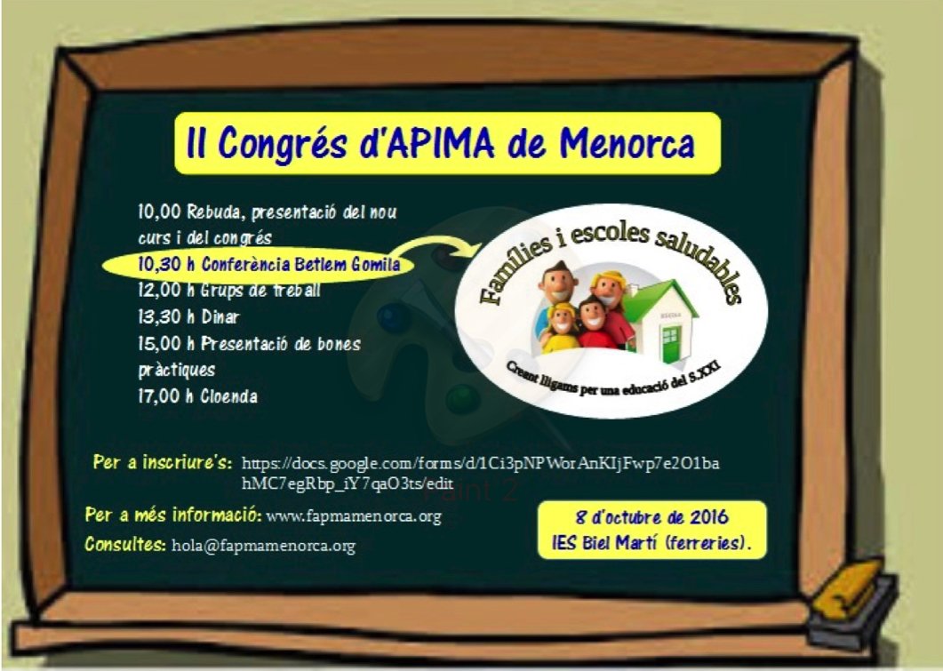 Ja us heu apuntat al II Congrés d'APIMA de Menorca? Per agafar idees i ànims per a tot el curs! Organitza <a href="/FAPMAMenorca/">FAPMA Menorca</a>