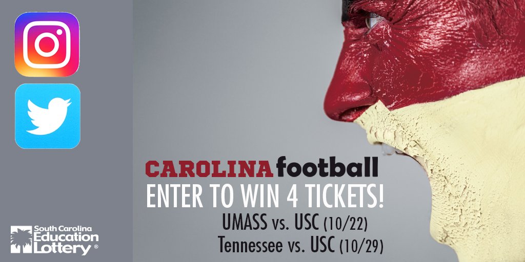 sclottery's tweet image. GAMECOCK FANS: Enter to win tickets to UMASS vs. USC (10/22) or Tenn. vs. USC (10/29). RT and FOLLOW @sclottery to enter!
