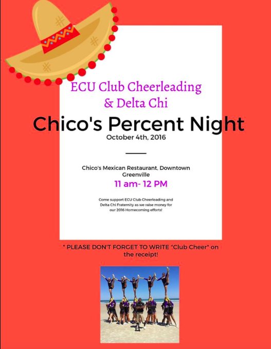 Help us and <a href="/DeltaChiatECU/">Delta Chi at ECU</a> raise money for Homecoming! October 4th write Club Cheer on your receipt at Chico's to help us raise money!