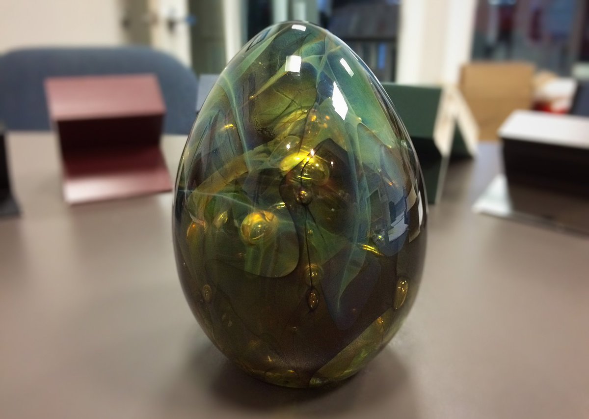 This beautiful egg was made by <a href="/lumelstudios/">Lumel Studios</a> using some of our waste glass—and will be a draw prize at our 30th celebration tomorrow!