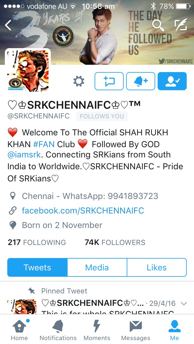 SRKAusFC_CFC's tweet photo. @SRKCHENNAIFC heartiest congratulations to my family for reaching 74K followers keep rocking as I say always I am so lucky to be in the fam😘 https://t.co/yaM63jB5mE