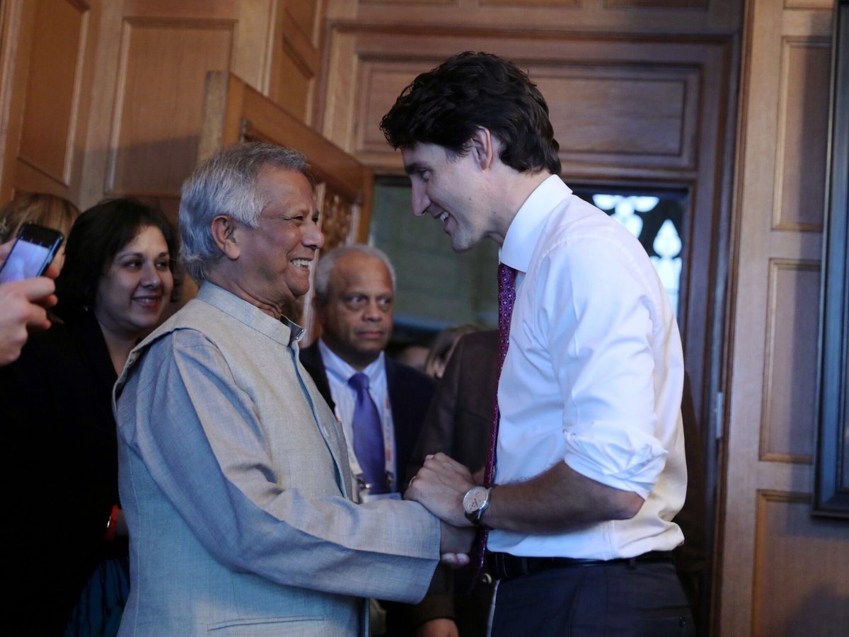 JustinTrudeau's tweet photo. Muhammad Yunus has dedicated his life to fighting poverty. @OneYoungWorld delegates are lucky to learn from him this week in Ottawa. https://t.co/jVHuEBLhHe