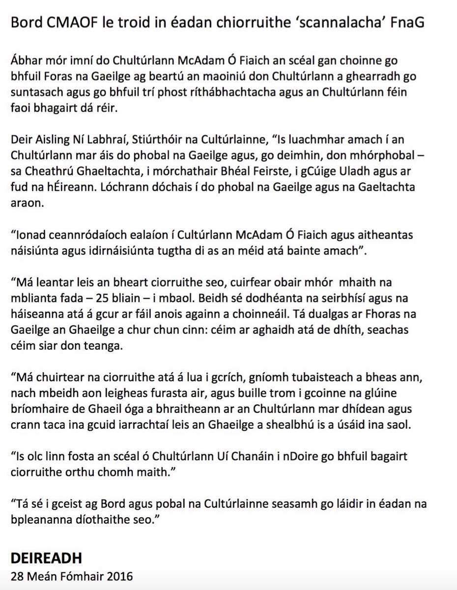 Culturlann's tweet image. Prás ráiteas Cultúrlann McAdam Ó Fiaich ar na chiorruithe atá molta ag Foras na Gaeilge orainn féin agus @culturlanndoire