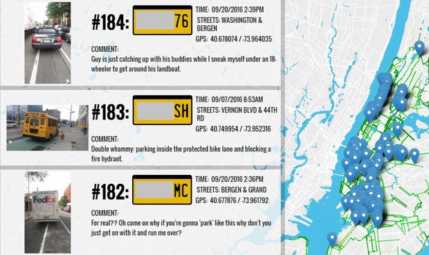 CityLab's tweet photo. Frustrated with cars blocking bike lanes, New Yorkers go online to shame drivers https://t.co/A0ay3fMsPm https://t.co/VvGBKX6ZuW