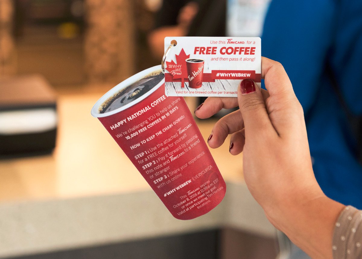 TimHortons's tweet image. Happy National Coffee Day! We’ve planted 100 pay-it-forward Tim Cards across Canada. Help us share 10K free coffees in 10 days! #WhyWeBrew