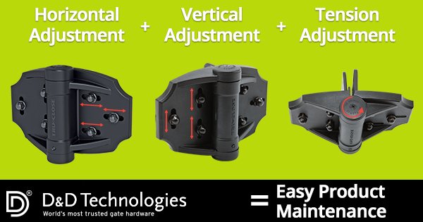 DDTechGlobal's tweet photo. D&amp;D gate hinges have easy vertical, horizontal, and tension adjustments making maintenance a breeze and hassle free! #TruClose #DIYfence https://t.co/nEHqW55Obx