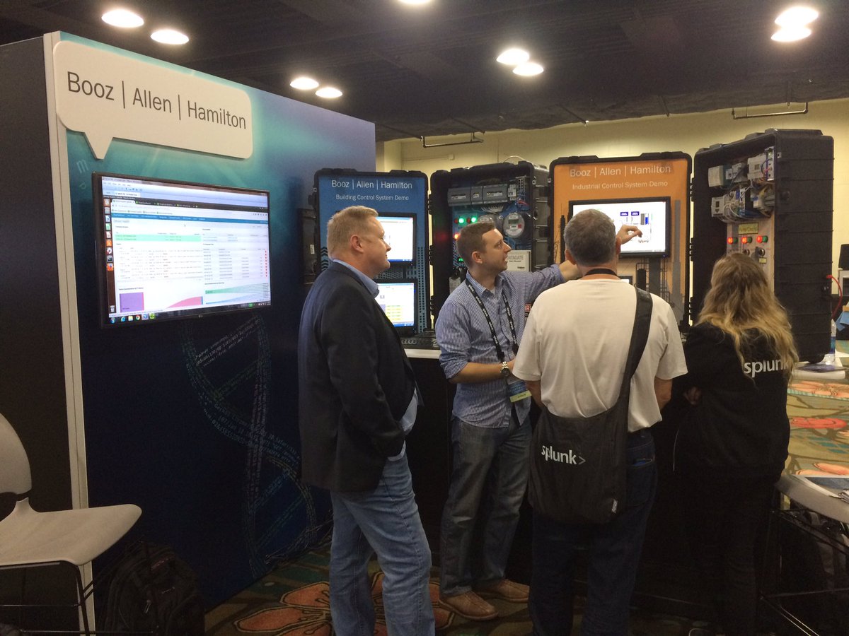 cmf5101's tweet photo. Booth has been packed this week! Here's a pic of @millerk95 and Scott walking through the demo. #boozallenics #splunkconf16 https://t.co/iWbqpdqTjm