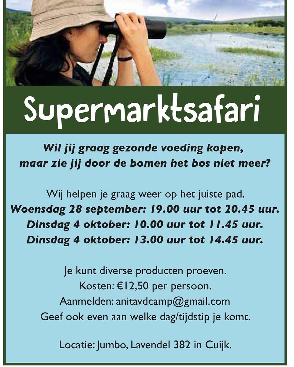 Supermarktsafari 4 oktober bij Jumbo Cuijk. Nog enkele plaatsen beschikbaar. <a href="/DeHormoonfactor/">De Hormoonfactor</a> @Vrouwenpoli #bewustwording