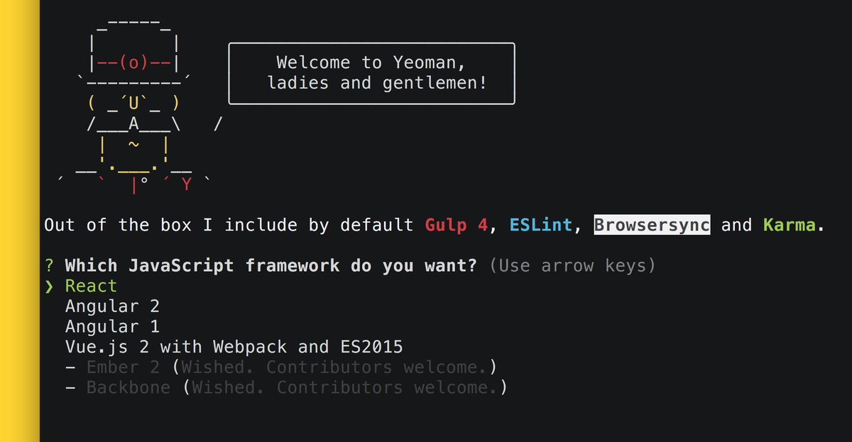 yeoman's tweet photo. 'Allo 'Allo. A friendly reminder our code tutorial now covers @reactjs, Webpack &amp; more. It's over here: https://t.co/OH1gTcWEy0 ✨🎩 https://t.co/nsUHdDDce8
