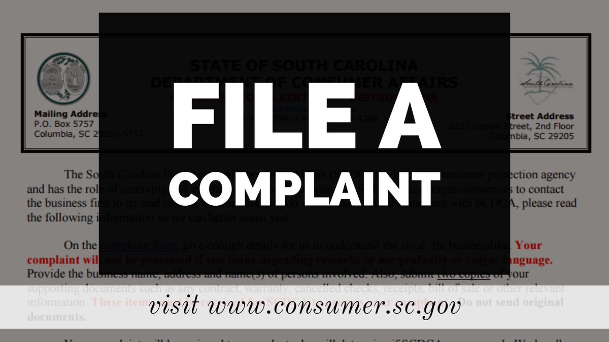 If you have a complaint against an #SCbiz, file with us! Visit consumer.sc.gov and click FILE A COMPLAINT