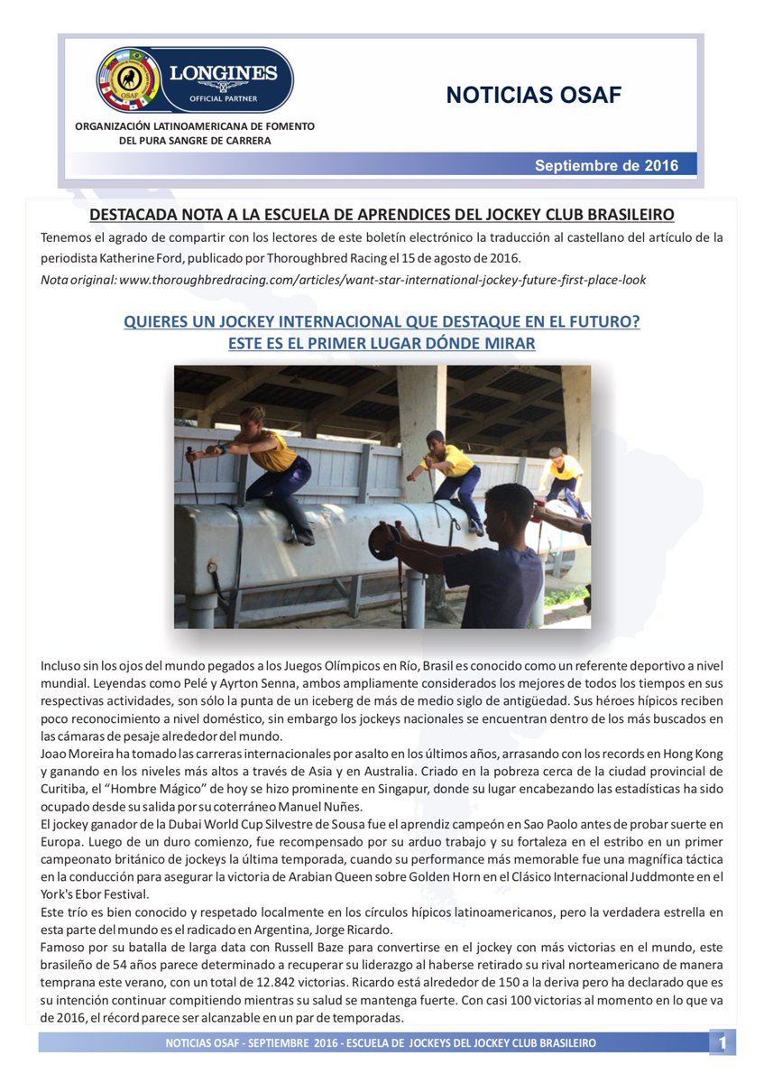 osafweb's tweet photo. Destacada nota a la Escuela de Aprendices del Jockey Club Brasileiro. https://t.co/zEd1Y8FCWi