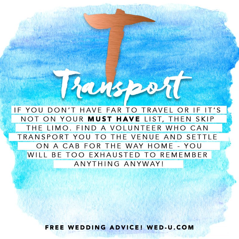 SchoolForBrides's tweet photo. T - Transport: If you don’t need to travel far, skip the limo. Find a volunteer instead! #weddingtips #bridetobe https://t.co/ur6G83Grmt