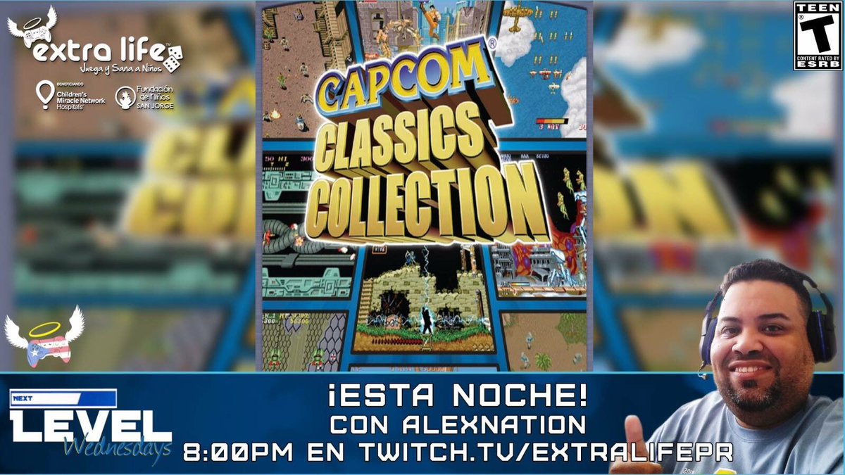 ExtraLifePR's tweet photo. @Alexnation takes #RetroWeek to the #NextNevel tonight at 8PM, playing #Capcom Classics Collection. On https://t.co/w7r9elifnJ #FTK https://t.co/pGHLzXuByb