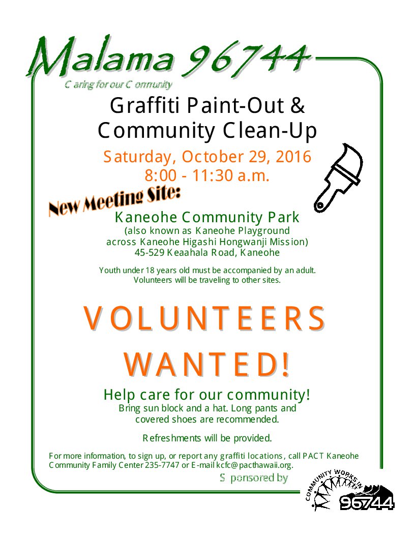 Meeting site at Kaneohe Community Park (across the Kaneohe Hongwanji and close to Jack in the Box)PACT Kaneohe Community Family Center