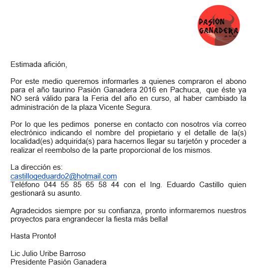 📢 INFORMACIÓN PARA LOS AFICIONADOS QUE ADQUIRIERON SU ABONO PG 2016 📢