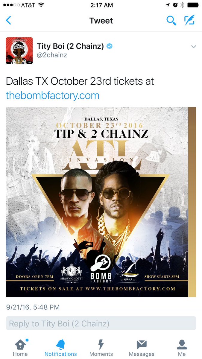 LegnaEnt's tweet image. Get your tickets now to see @2chainz and @Tip live at the bombfactory October 23rd!