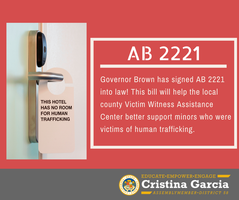 AsmGarcia's tweet photo. Governor @JerryBrownGov has signed #AB2221 (#humantrafficking assistance) into law! Two of my bills await his signature. https://t.co/lqAgF9skO0