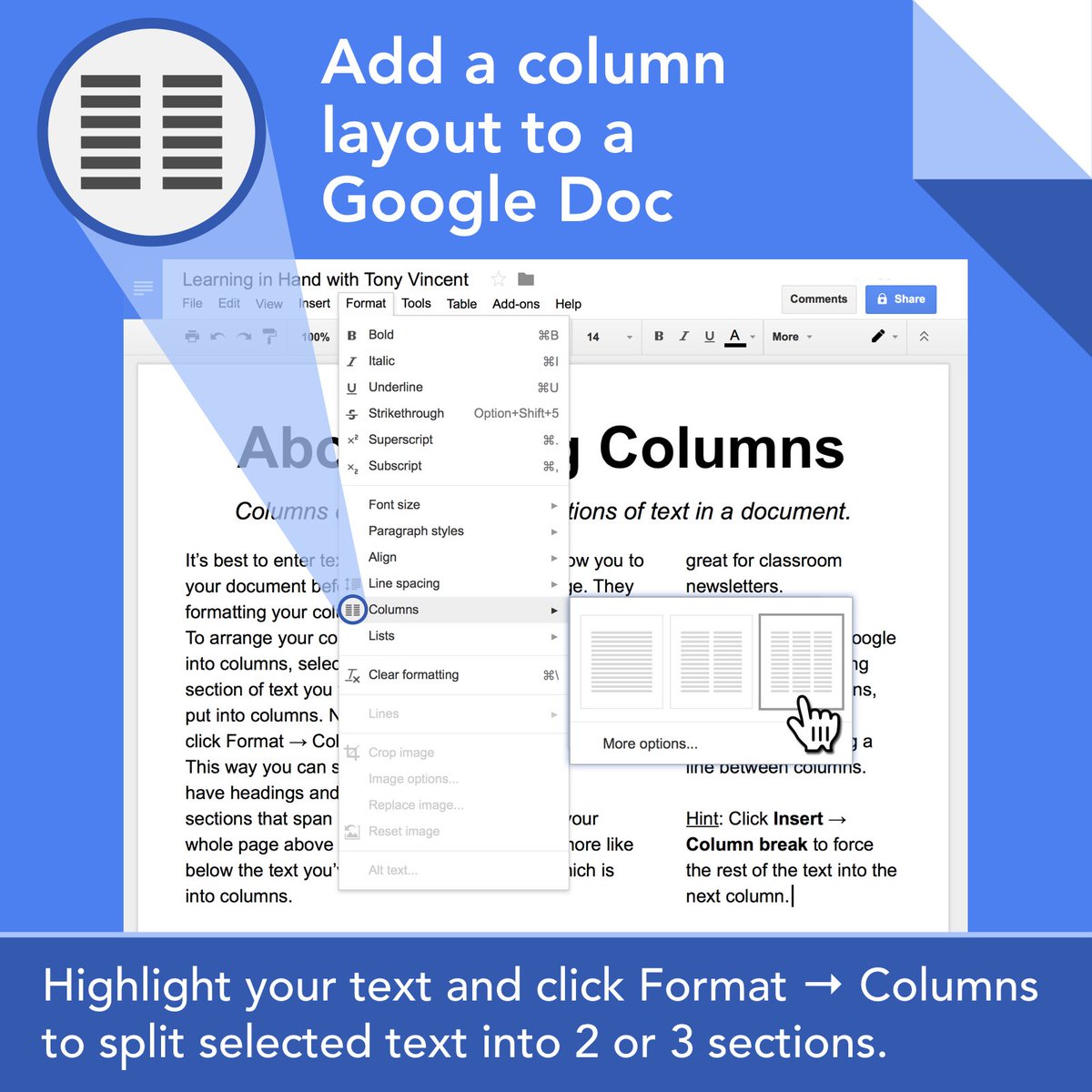 tonyvincent's tweet photo. 🆕 Google Docs has added the option to split text into 2 or 3 columns!
https://t.co/UhEOr5hnIe #gafe #googleEDU https://t.co/iyB1fxjv5Z