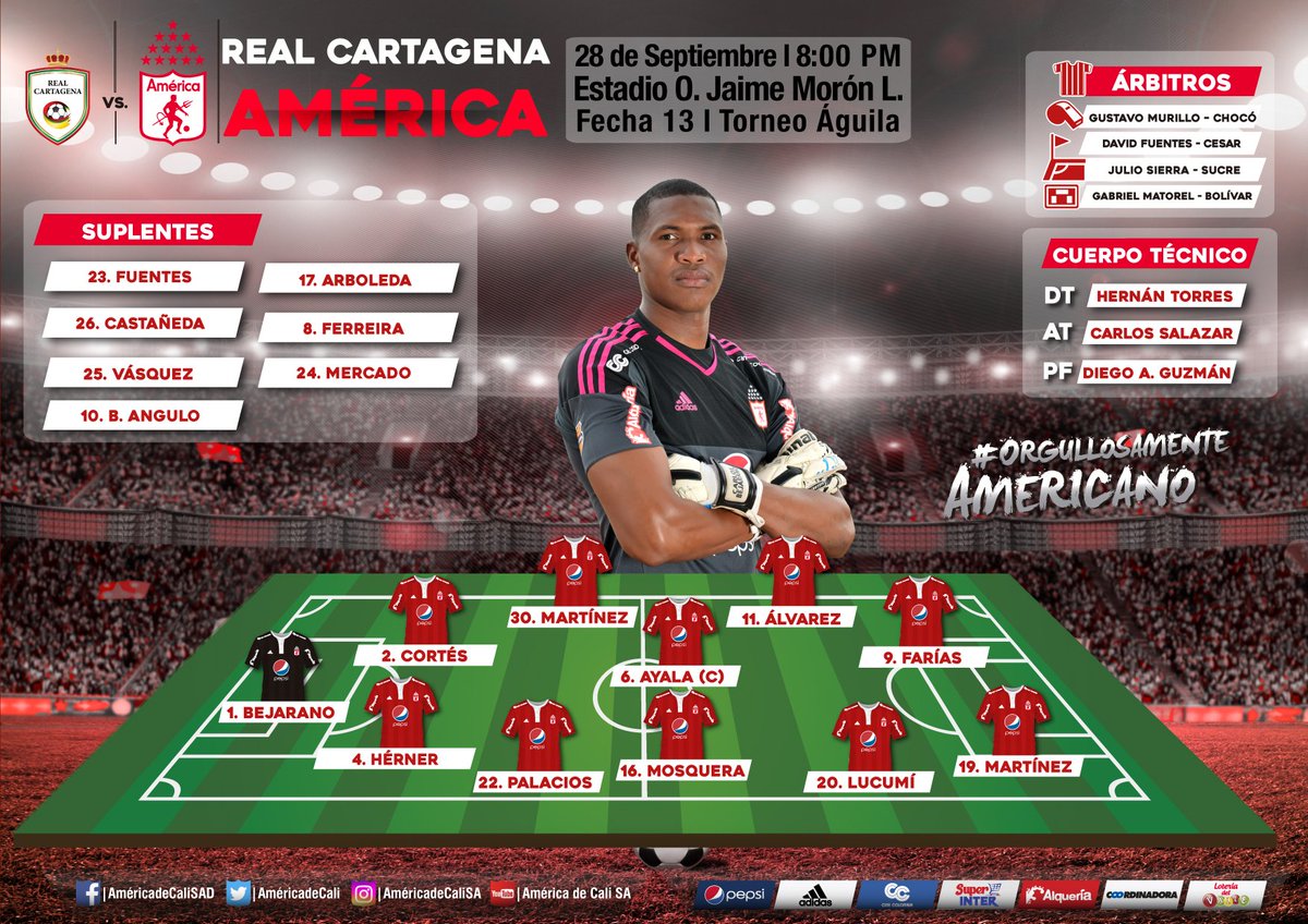 AmericadeCali's tweet photo. Nómina escogida por el profe Torres para enfrentar a @RealCartagena 

#OrgullosamenteAmericano https://t.co/A97VcSPpzD