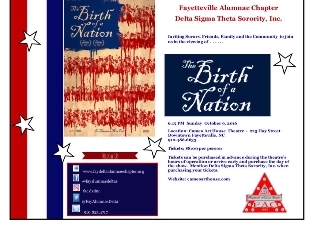 FayAlumnaeDelta's tweet photo. Please join FAC-DST, Inc., for a Red Carpet viewing of:  Birth Of A Nation
Sunday, 10/09 6:15 p.m. @ The Cameo Art House Theatre. https://t.co/DNVVwVxeRD