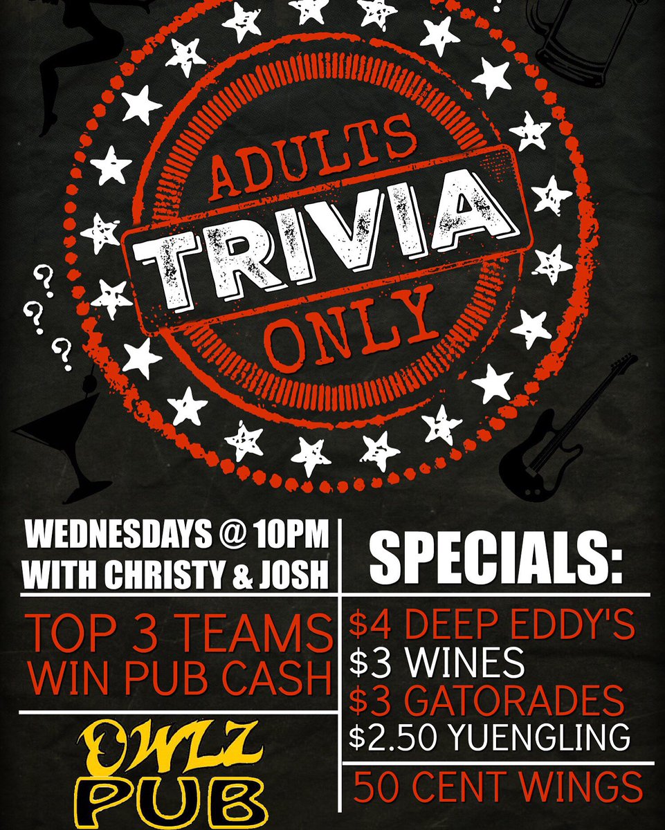 OwlzPub's tweet photo. Adults Only Trivia with @ChristySetlock and Josh starts at 10pm!!! Be sure to bring your A Game! https://t.co/DIfTmt7ncp