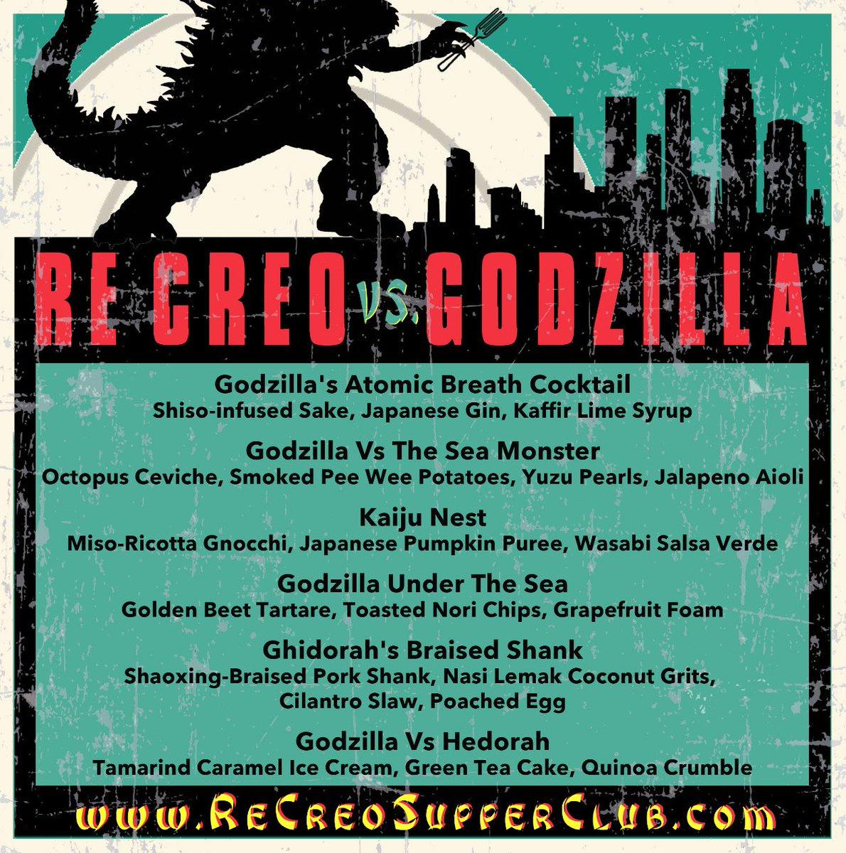 ReCreoSupper's tweet photo. Our Halloween dinner RE CREO vs GODZILLA Oct 21st 8PM Will Be
A Monster of a Supper Club! 
Get tix at https://t.co/rUkXVY4Otp https://t.co/QaO4KC5j3D
