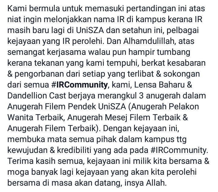 uniszairiss's tweet photo. Congratulations IR's Lensa Baharu & Dandellion Cast on the awards in Anugerah Filem Pendek @temasya16 #IRPower https://t.co/9ueFFzpbh1