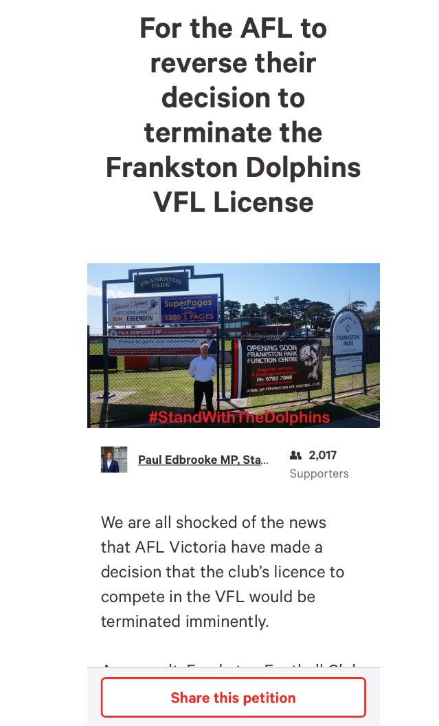My petition to save the VFL Dolphins is over 2000 signatures!#istandwiththedolphins #getonboard #Frankston