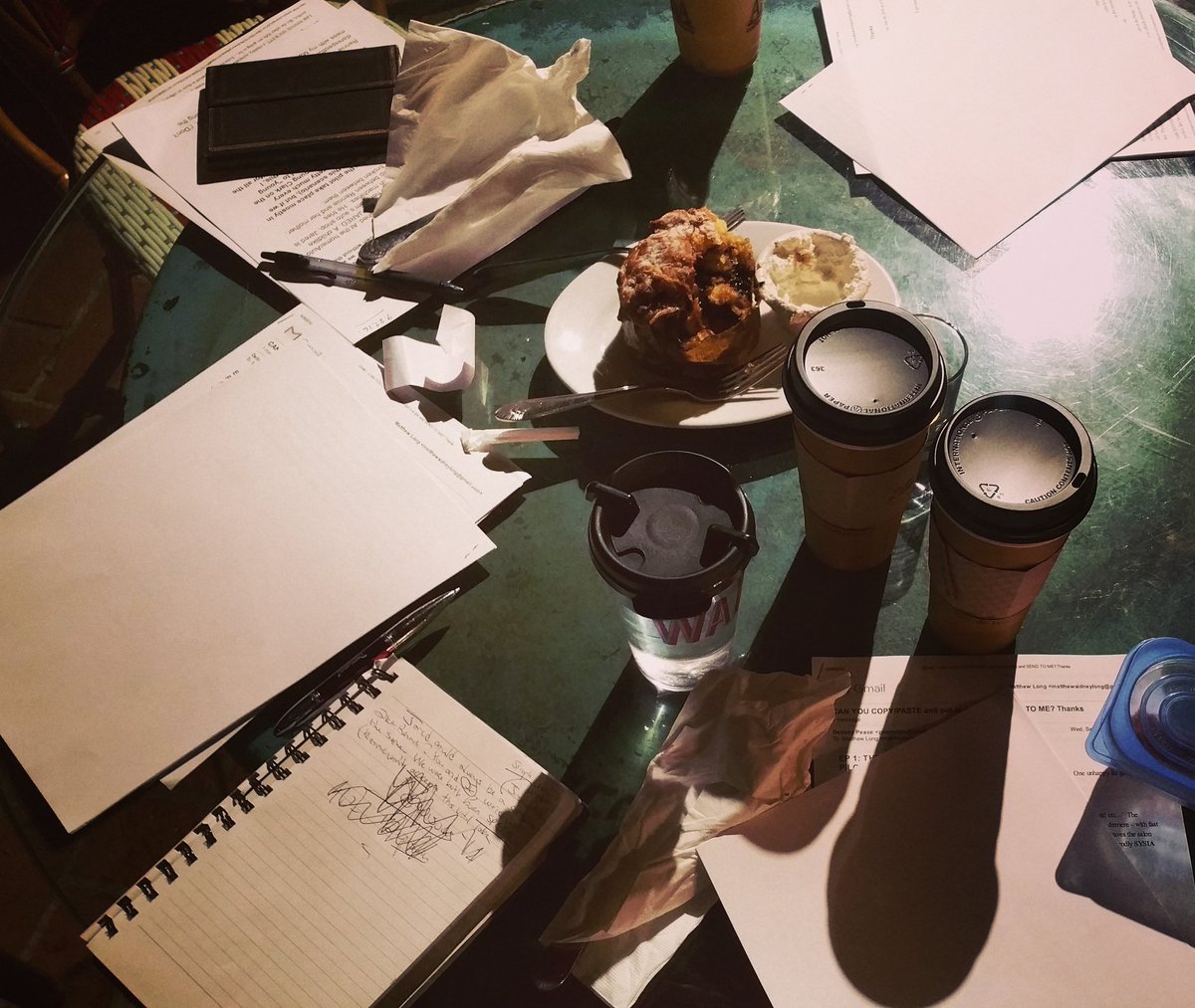 DellanyPeace's tweet photo. After a hellish day my reward is a writers meeting for #GirlPlus original series. And chocolate chip bread pudding @Kurdt067 @cjvirnig https://t.co/6iR4IJtwJn
