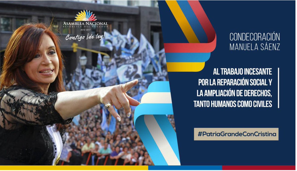 La Asamblea Nacional de Ecuador entregará hoy la condecoración Manuela Sáenz a <a href="/CFKArgentina/">Cristina Kirchner</a> #PatriaGrandeConCristina #TeApoyamosCristina