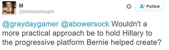 LivingOnChi's tweet photo. People keep saying "we can hold Hillary's feet to the fire". What does that mean? Keep her tied up unless Bernie's babysitting her? https://t.co/IljqVlrOot
