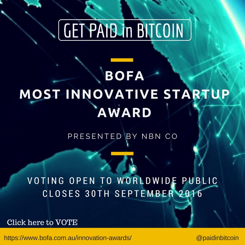 adampoulton's tweet image. Last chance to vote for the ONLY #bitcoin startup in the @BOFAFilmFest Innovation Awards. bofa.com.au/innovation-awa… @PaidInBitcoin