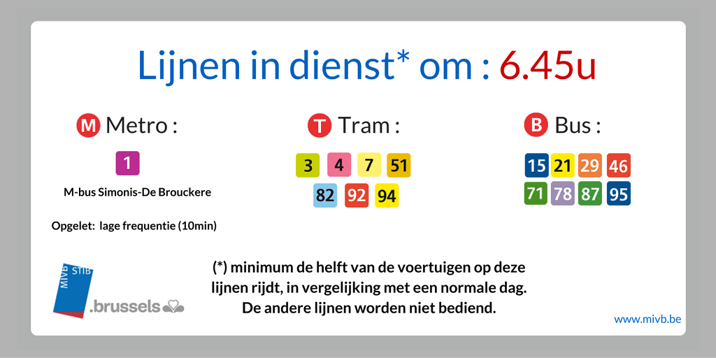 Lijnen in dienst om 6.45u #MIVB #29sept
🚇 1, M-bus Simonis-De Brouckere
🚊 3, 4, 7, 51, 82, 92, 94
🚌 15, 21, 29, 46, 71, 78, 87, 95