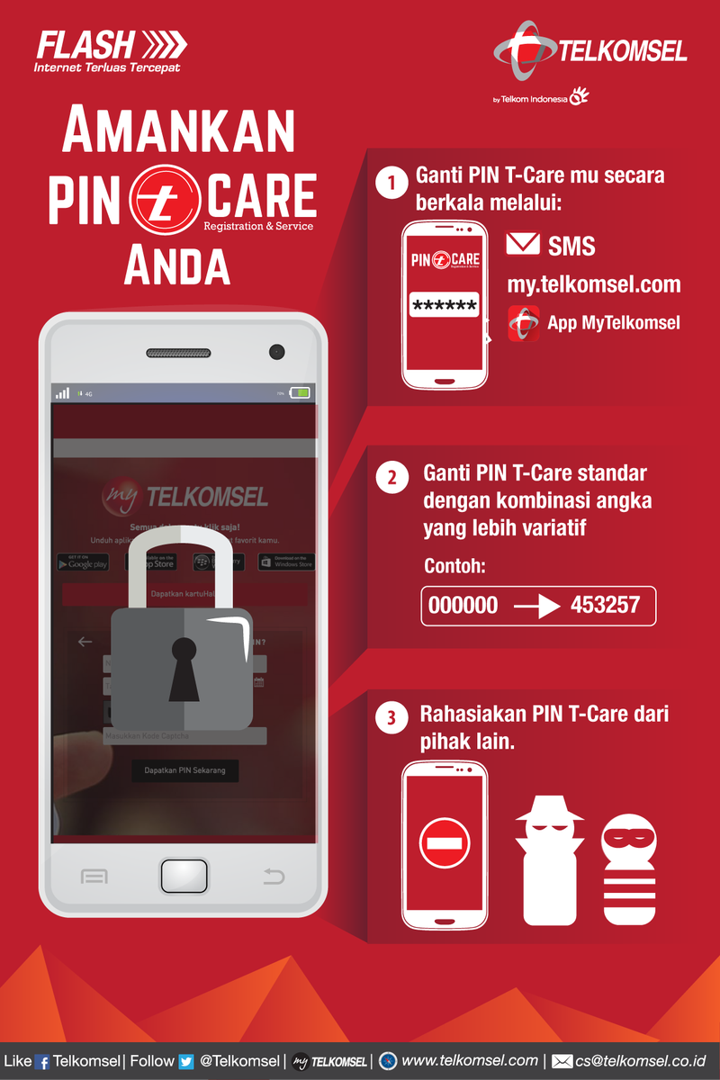 Telkomsel's tweet photo. Amankan PIN Tcare kamu dgn cara menggantinya berkala &amp; rahasiakan dr pihak lain. Info lengkap ttg PIN Tcare mention @Telkomsel #TselInfo https://t.co/51Ahf328UK