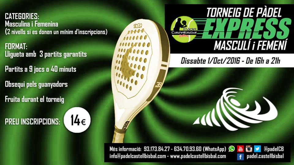 Compte enrere pel TORNEIG EXPRESS MASCULÍ i FEMENÍ, d'aquest proper dissabte 1 d’octubre. De 16h a 21h! No us el perdeu! Inscriviu-vos ja!