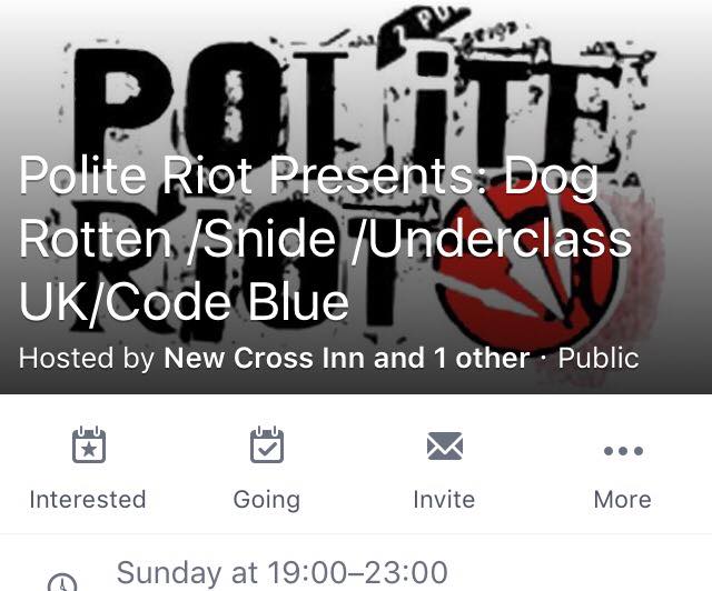 Sunday Aftershow <a href="/DogRottenBand/">Dog Rotten</a>, <a href="/SnidePunk/">Snide</a>, @underclassuk &amp; Code Blue. Free after Kunt/£3
facebook.com/events/3011162…