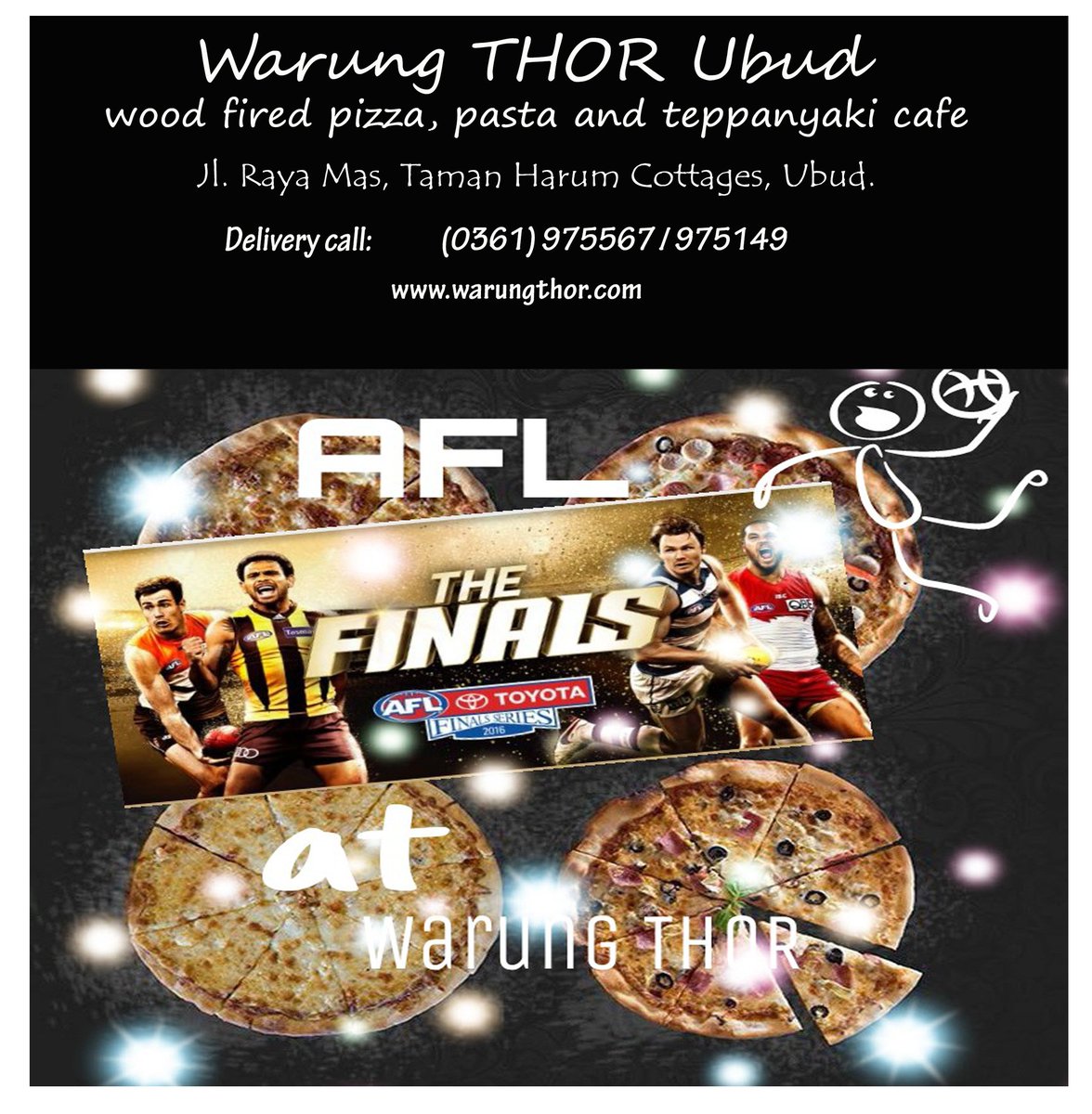 warungthor's tweet photo. Let's be a witness of AFL 2016 with us! We got AFL Channel now at Warung THOR, Ubud! Come and enjoy your pizza with AFL! #ttot #AFL #bali https://t.co/8cAfxrQBPX