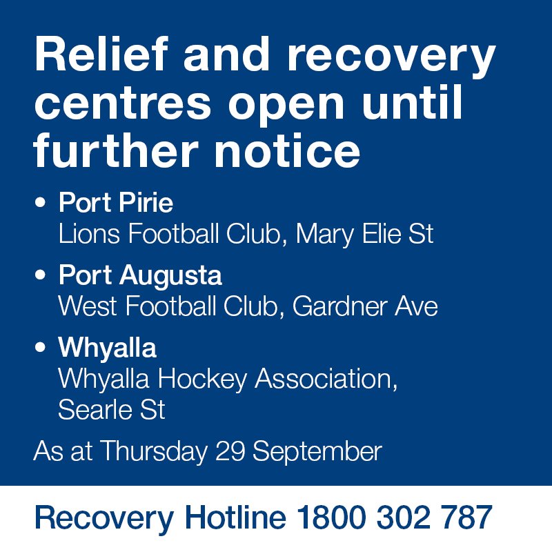 HumanServicesSA's tweet photo. Relief &amp; recovery centres now open Port Pirie, Port Augusta, Whyalla for those unable to get home. https://t.co/a2SYnSLO2z