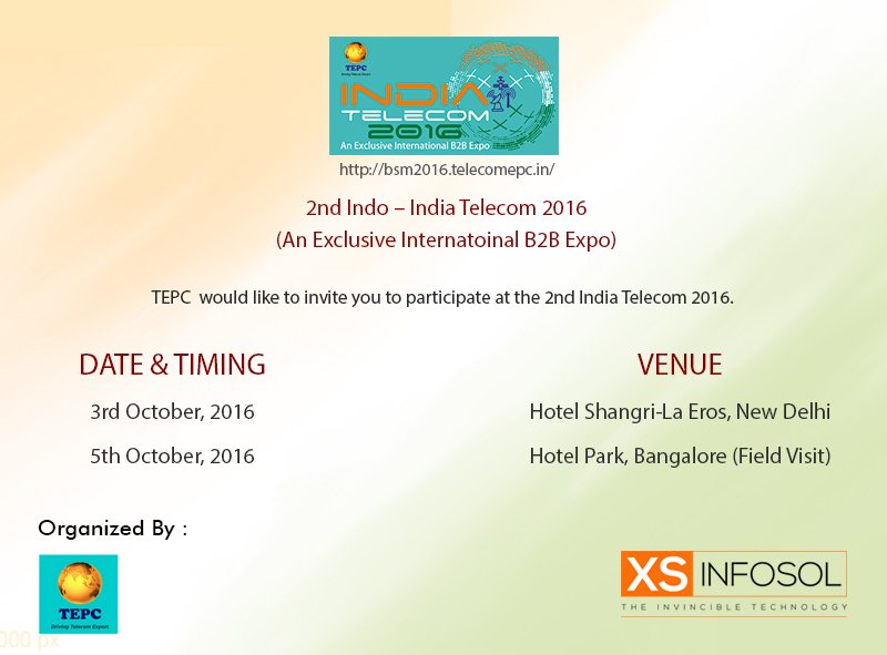IndTelecom2020's tweet photo. TEPC Would Like To Invite You To Participate At The 2nd INDIA TELECOM 2016. Visit https://t.co/wprhQIty2D To Know More. https://t.co/mRuloSFuZm