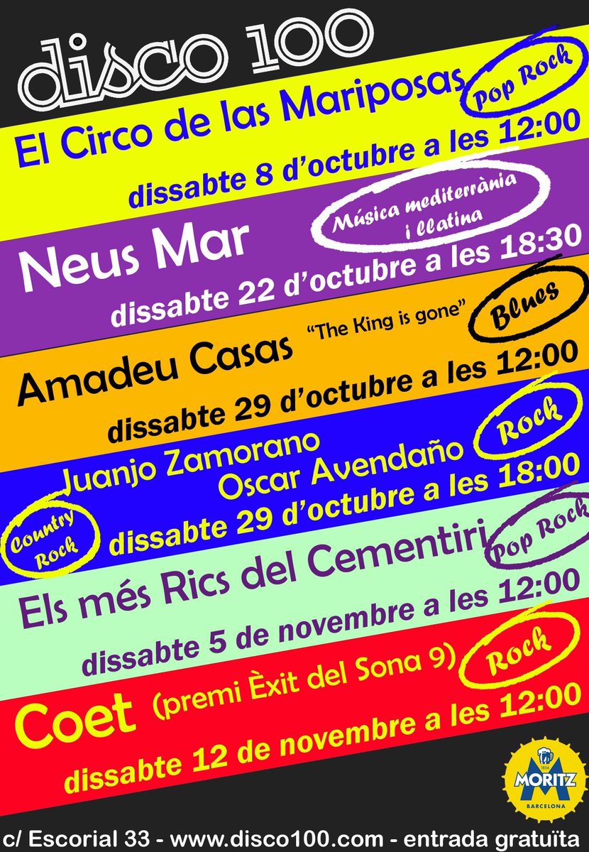 disco100bcn's tweet photo. La cartellera de #PetitsConcerts a Disco100: Aquest dissabte @bcnclarinetplay, i + endavant #elcircodelasmariposas #neusmar #amadeucasas... https://t.co/7ZJy3KNueC