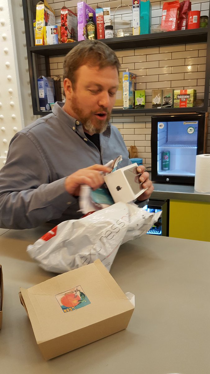 VBalaro's tweet photo. It's an emotional moment for @Pete_Mann . The phone is here! hallelujah! #kwplab #priorities @CitySprint_UK https://t.co/SmF5tu50wX