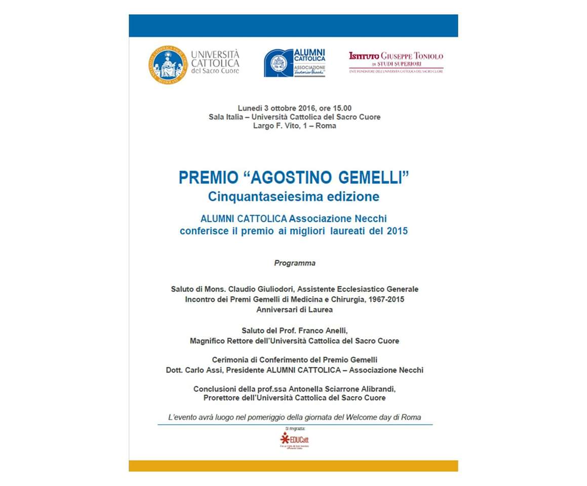 AlumniCattolica's tweet photo. Il Premio Gemelli #PG56 a Roma il 3 ottobre. Premiamo il merito, costruiamo il futuro. https://t.co/K8d7euHEji