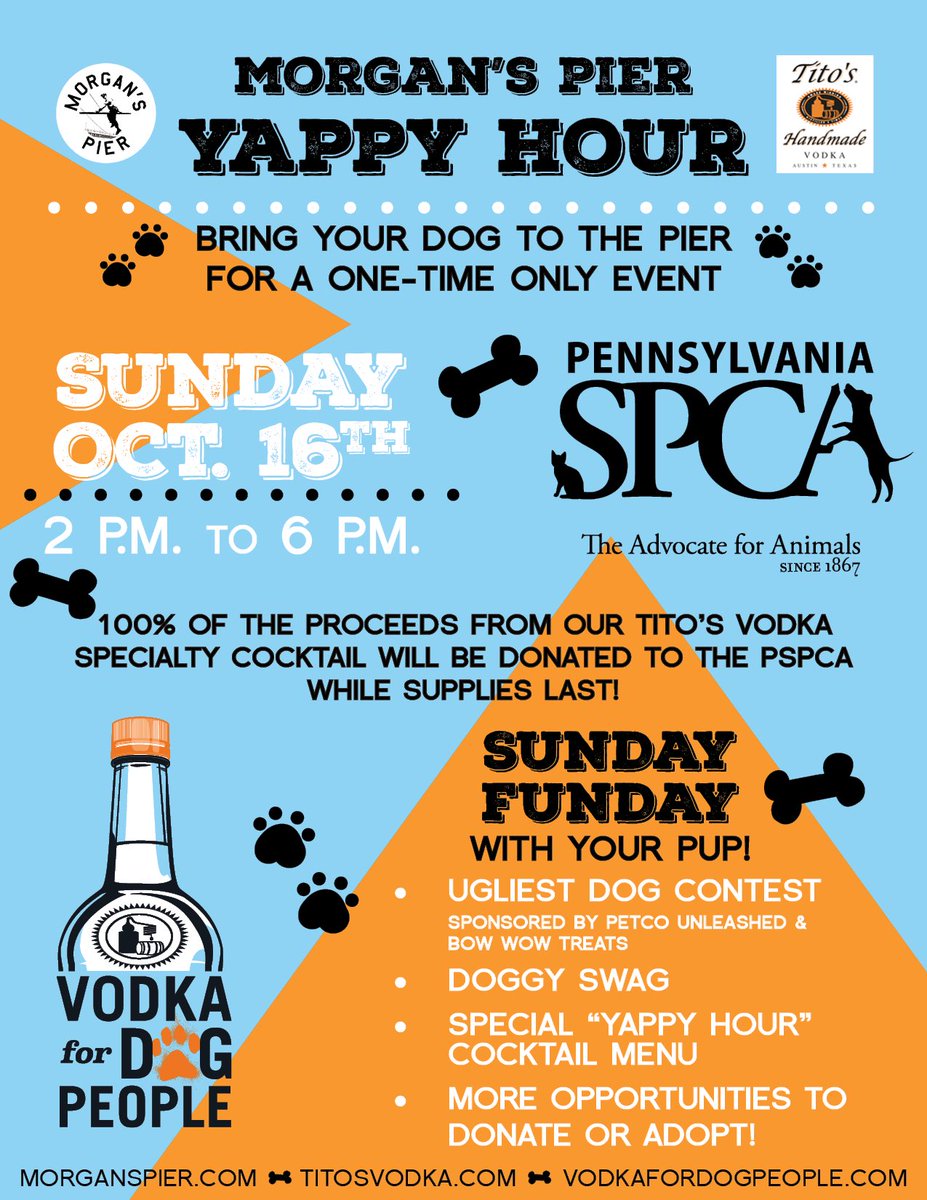 TitosLori's tweet photo. Bring your furry friends to @MorgansPier Oct. 16.  @TitosVodka specials and help us support @PSPCA #vodkafordogpeople #lovetitos https://t.co/QZFbsXwaCy
