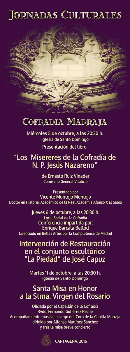 cofradiamarraja's tweet photo. No te pierdas los actos culturales organizados por la Cofradía Marraja con motivo de la festividad de la Virgen del Rosario. #marrajos https://t.co/z6aavPF7DI