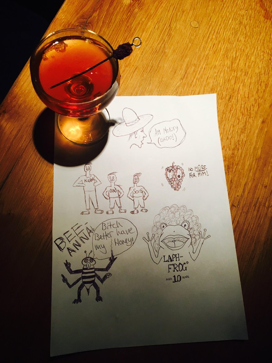 Rory and Emilio get arty for the Bartenders Board Special...The Hedgewitch! Amontillado, Crème de Mûre, Kamm &amp; Sons, <a href="/Laphroaig/">Laphroaig Whisky</a>, honey. Miam