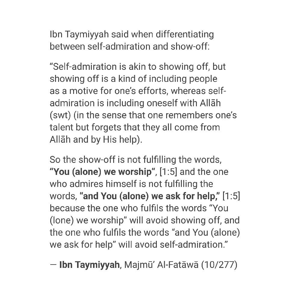 Haqq4All's tweet photo. The Difference Between Show-Off &amp; Self-Admiration, By Ibn Taymiyyah https://t.co/xL2bYNS50x