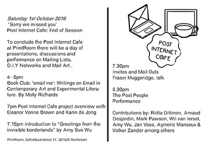 CafePost's tweet photo. Join us this Saturday 1st October for 'Sorry we missed you. End of Session ' at Post Internet Cafe https://t.co/M2OFFjn32S